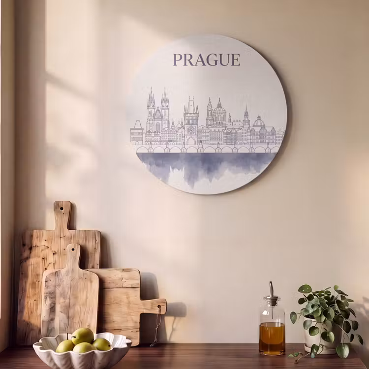 Praag - Skyline - Architectuur - Blauw Akoestische PET Vilt - Rond klein -sfeer2