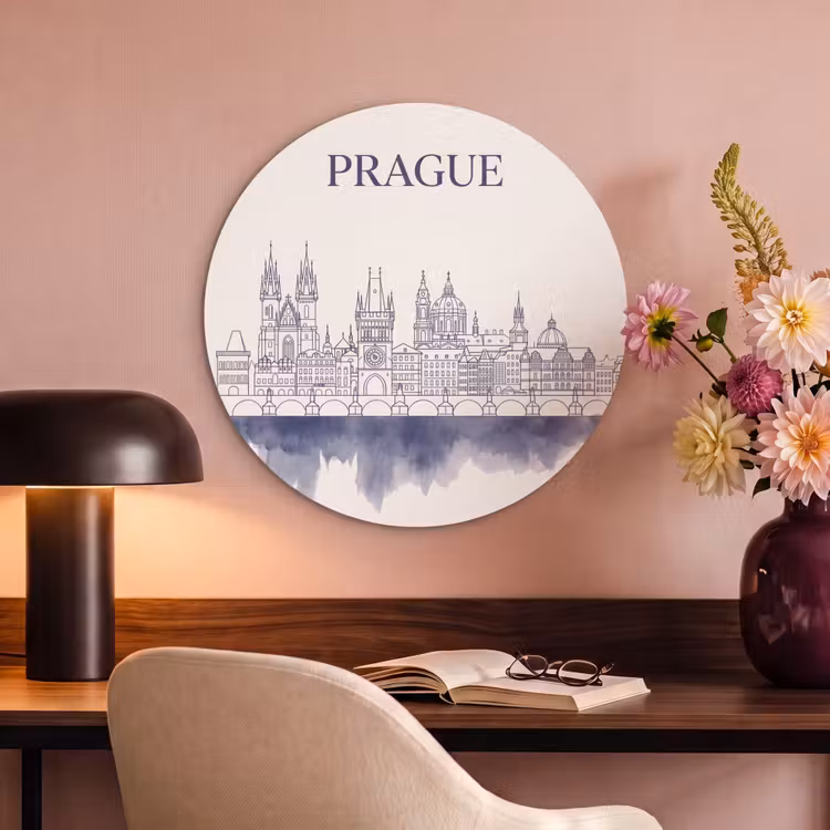 Praag - Skyline - Architectuur - Blauw Akoestische PET Vilt - Rond klein -sfeer3