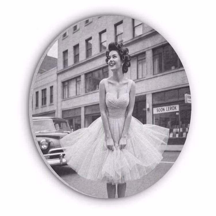 Retro - Vrouw - Zwart - Wit Akoestische PET Vilt - Rond klein -3d