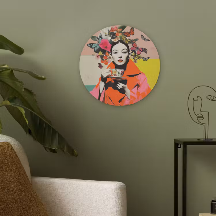 Retro - Vrouw - Kopje - Vlinders Akoestische PET Vilt - Rond klein -sfeer2