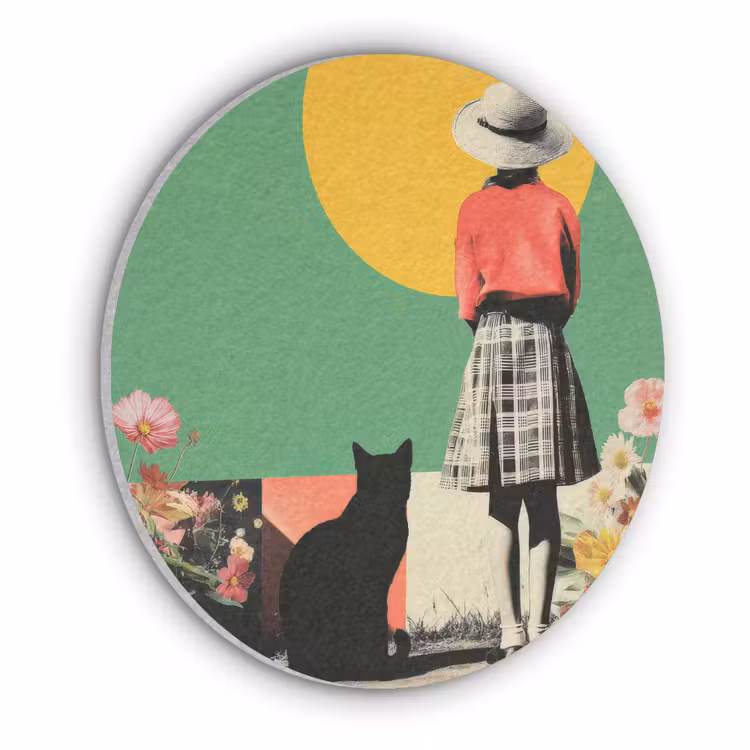Retro - Meisje - Kat - Zon Akoestische PET Vilt - Rond klein -3d