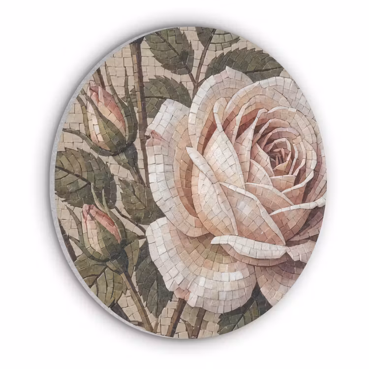 Roos - Mozaïek - Bloemen - Klassiek - Beige Akoestische PET Vilt - Rond klein -3d