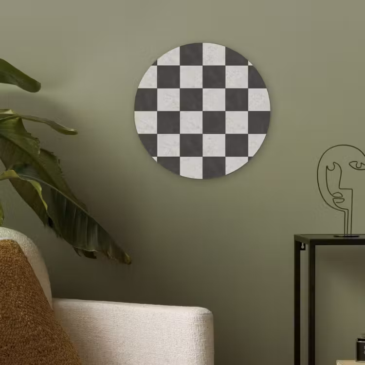 Dambord - Marmer - Zwart - Wit Akoestische PET Vilt - Rond klein 838 -sfeer2