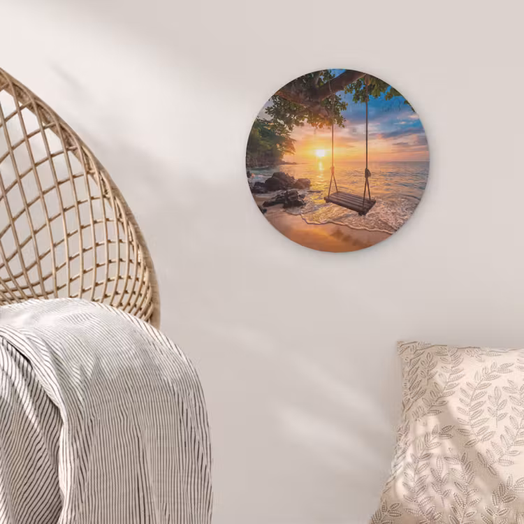 Schommel - Strand - Zonsondergang - Natuur - Oranje Akoestische PET Vilt - Rond klein -sfeer4