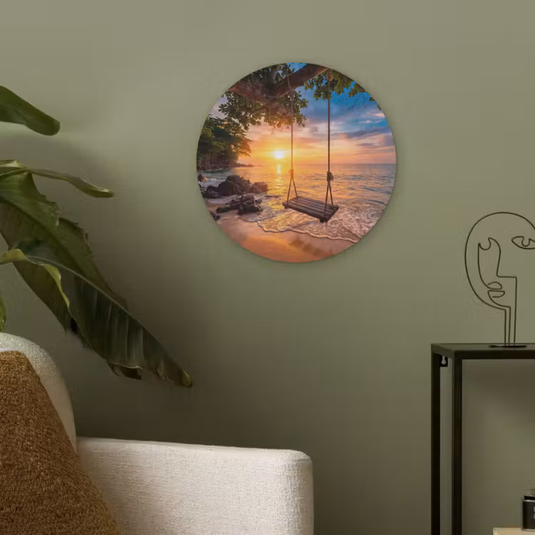 Schommel - Strand - Zonsondergang - Natuur - Oranje Akoestische PET Vilt - Rond klein -sfeer2