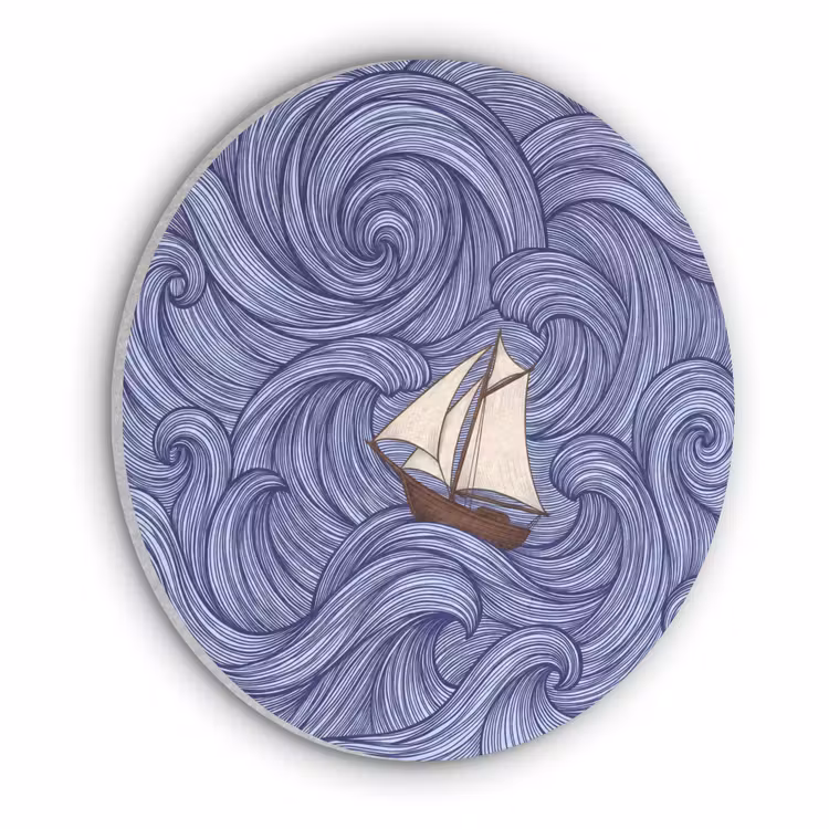 Schip - Golven - Zee - Illustratie - Blauw Akoestische PET Vilt - Rond klein -3d