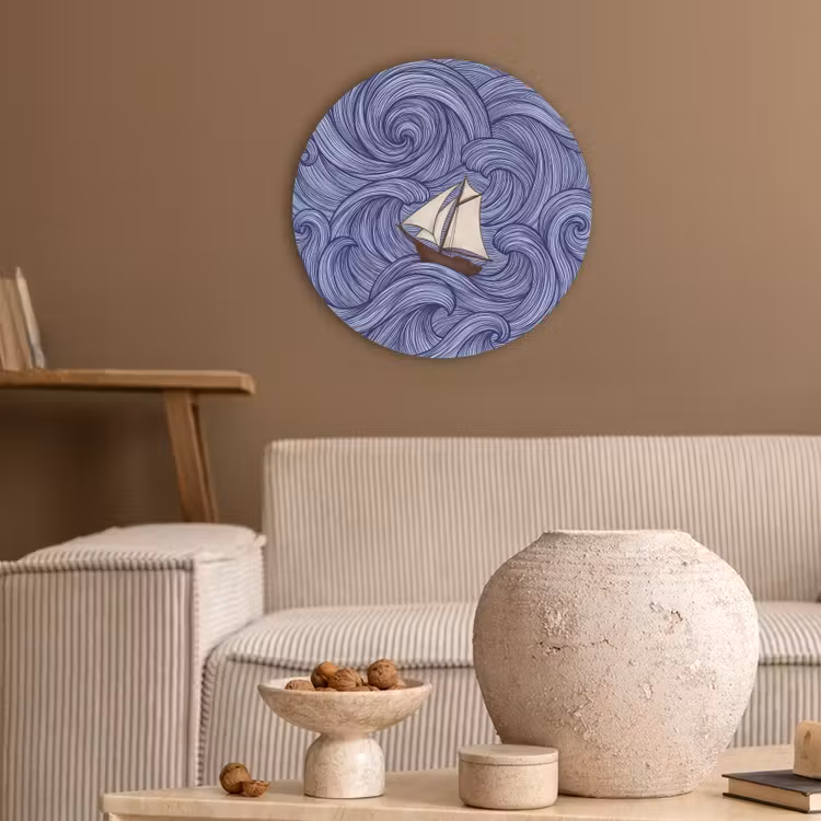 Schip - Golven - Zee - Illustratie - Blauw Akoestische PET Vilt - Rond klein -sfeer1