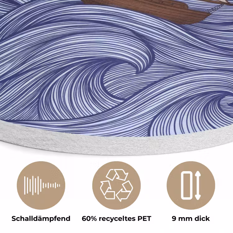 Schip - Golven - Zee - Illustratie - Blauw Akoestische PET Vilt - Rond klein -closeup_DE