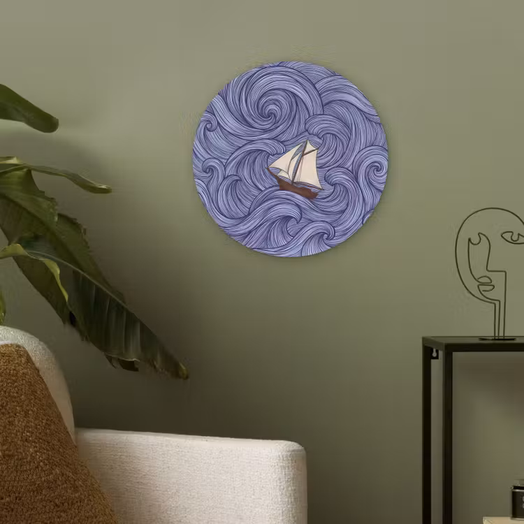 Schip - Golven - Zee - Illustratie - Blauw Akoestische PET Vilt - Rond klein -sfeer2