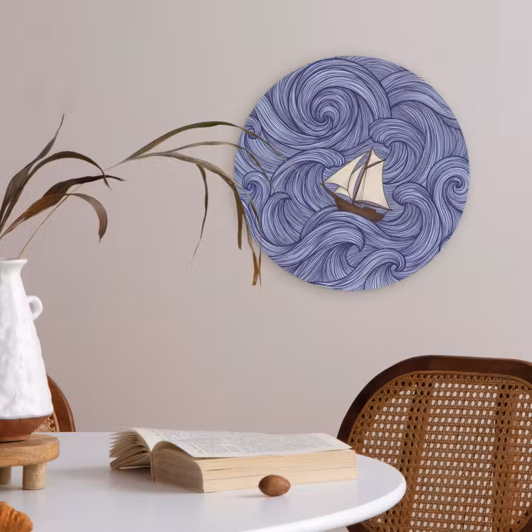 Schip - Golven - Zee - Illustratie - Blauw Akoestische PET Vilt - Rond klein -sfeer3