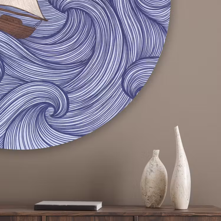 Schip - Golven - Zee - Illustratie - Blauw Akoestische PET Vilt - Rond klein -sfeer5_closeup