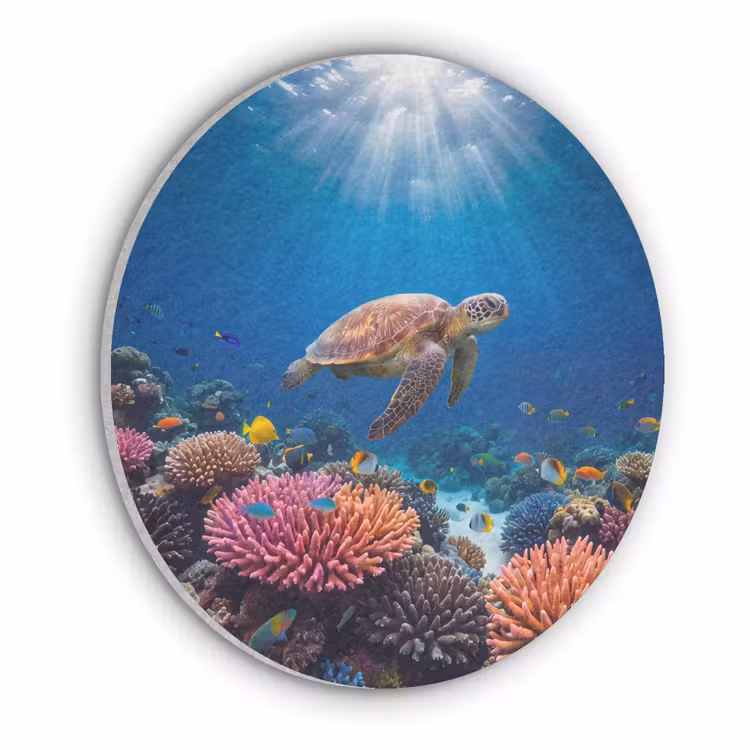 Schildpad - Koraalrif - Oceaan - Dieren - Blauw Akoestische PET Vilt - Rond klein -3d