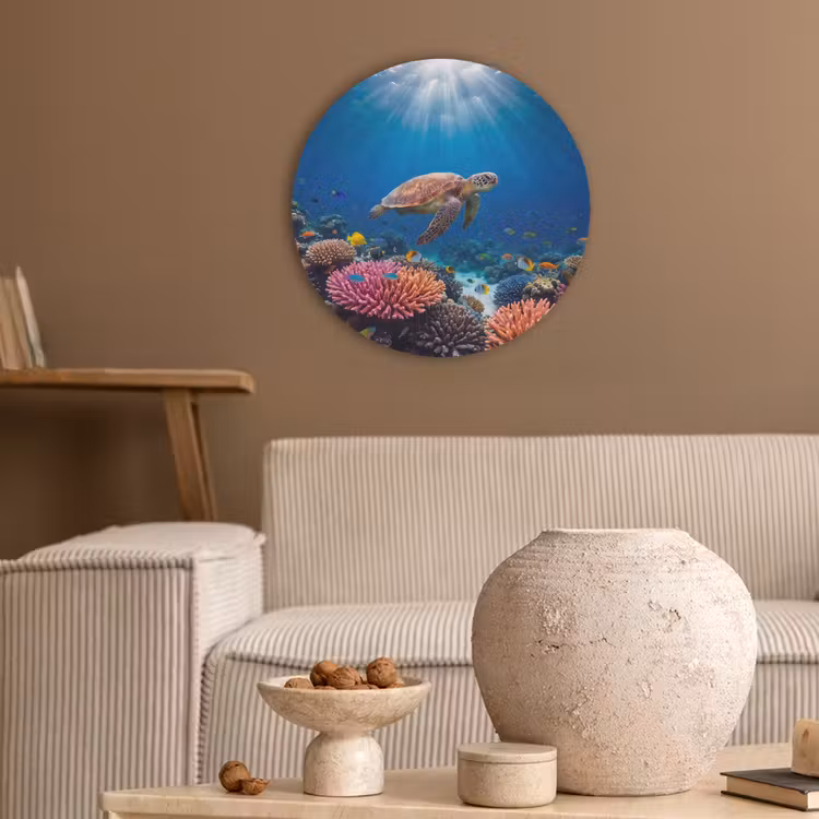 Schildpad - Koraalrif - Oceaan - Dieren - Blauw Akoestische PET Vilt - Rond klein -sfeer1