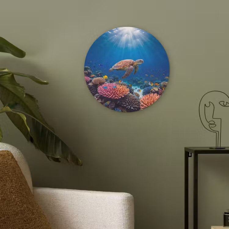 Schildpad - Koraalrif - Oceaan - Dieren - Blauw Akoestische PET Vilt - Rond klein -sfeer2