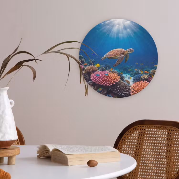 Schildpad - Koraalrif - Oceaan - Dieren - Blauw Akoestische PET Vilt - Rond klein -sfeer3
