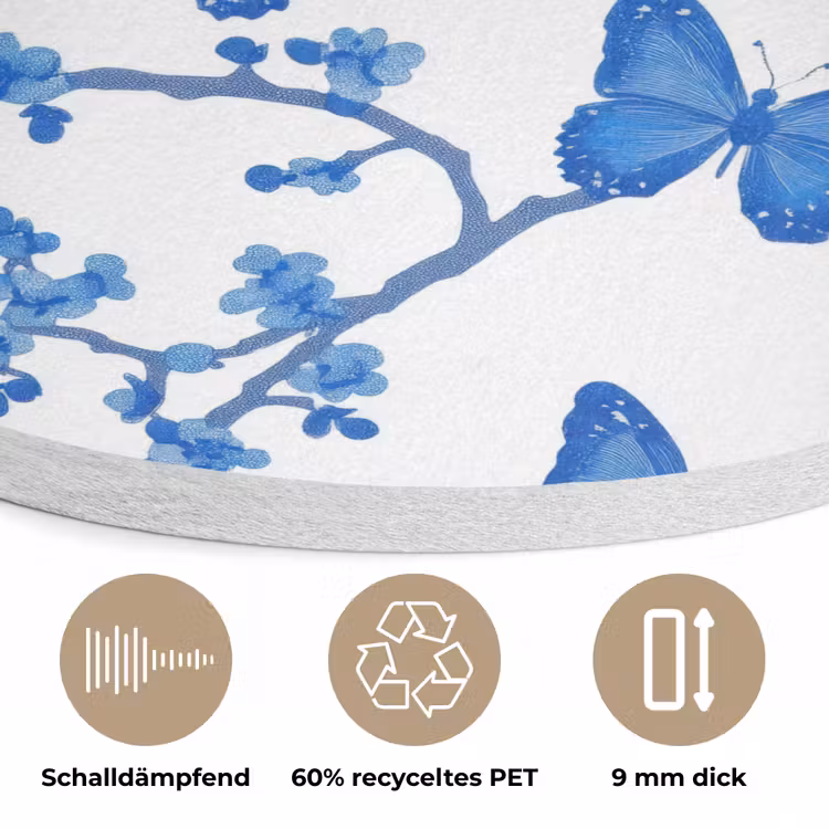 Vlinder - Bloemen - Blauw Akoestische PET Vilt - Rond klein 838 -closeup_DE