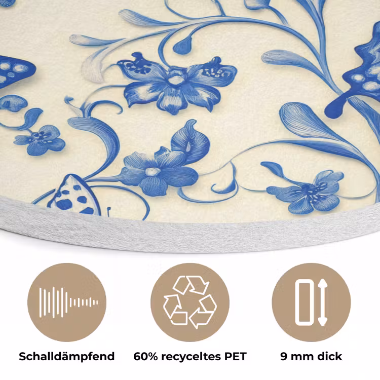 Vlinders - Bloemen - Blauw - Botanisch Akoestische PET Vilt - Rond klein 838 -closeup_DE