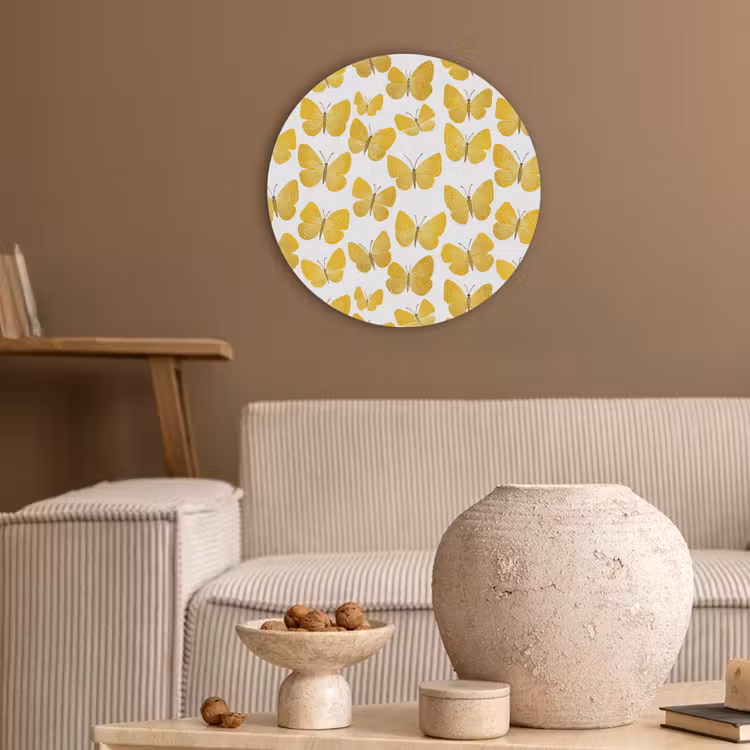 Vlinders - Botanisch - Illustratie - Geel - Wit Akoestische PET Vilt - Rond klein 838 -sfeer1
