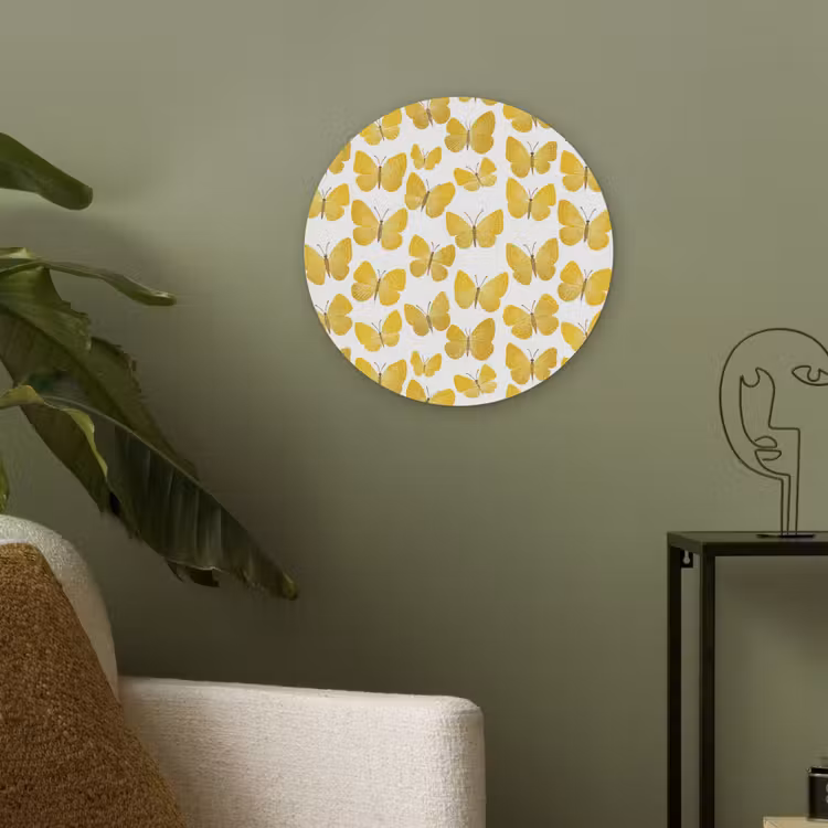 Vlinders - Botanisch - Illustratie - Geel - Wit Akoestische PET Vilt - Rond klein 838 -sfeer2