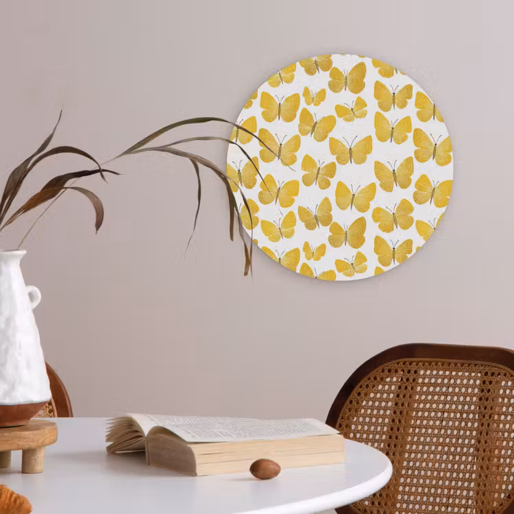 Vlinders - Botanisch - Illustratie - Geel - Wit Akoestische PET Vilt - Rond klein 838 -sfeer3