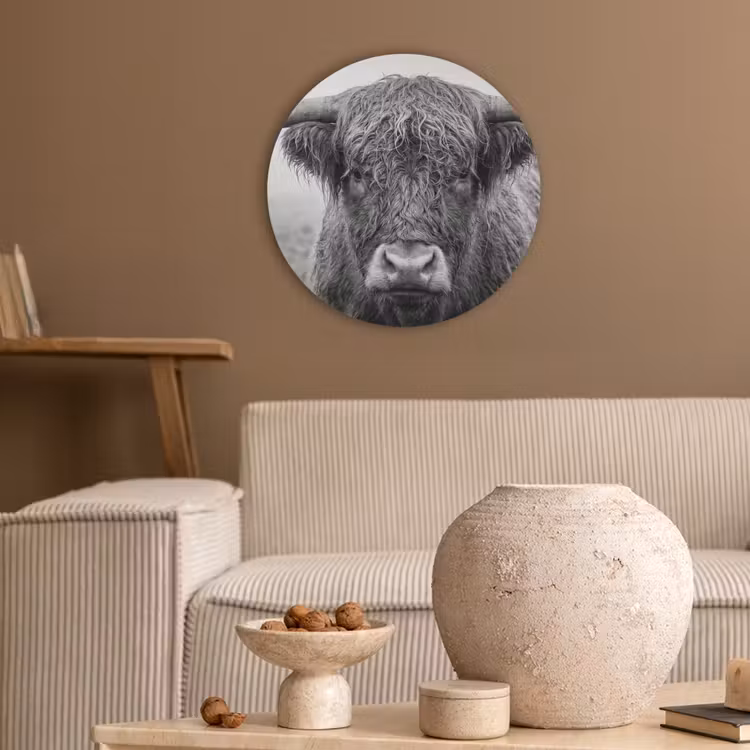 Schotse hooglander - Zwart - Wit - Gras Akoestische PET Vilt - Rond klein -sfeer1