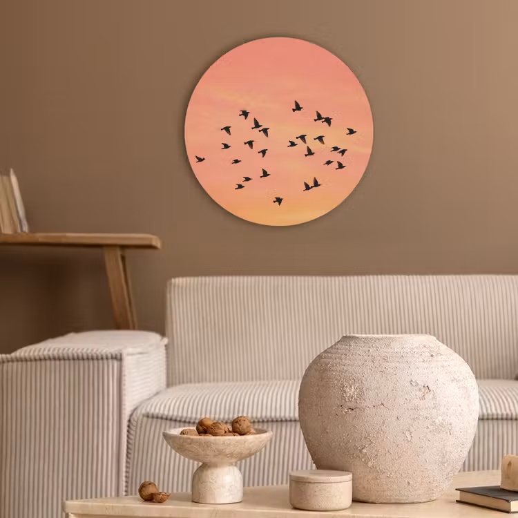 Zwerm - Vogels - Oranje Akoestische PET Vilt - Rond klein -sfeer1