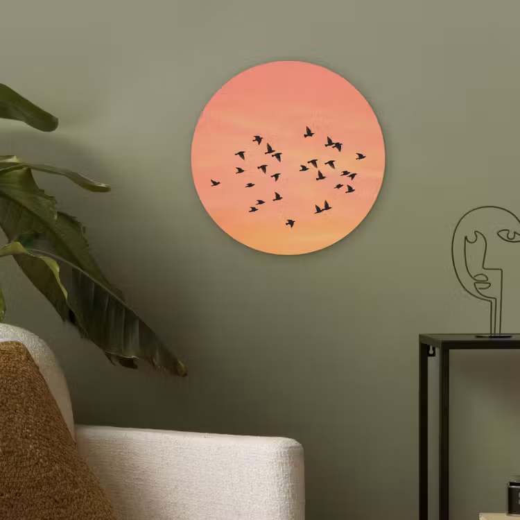Zwerm - Vogels - Oranje Akoestische PET Vilt - Rond klein -sfeer2