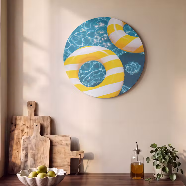 Zwembad - Zwembanden - Zomer - Geel - Blauw Akoestische PET Vilt - Rond klein -sfeer2
