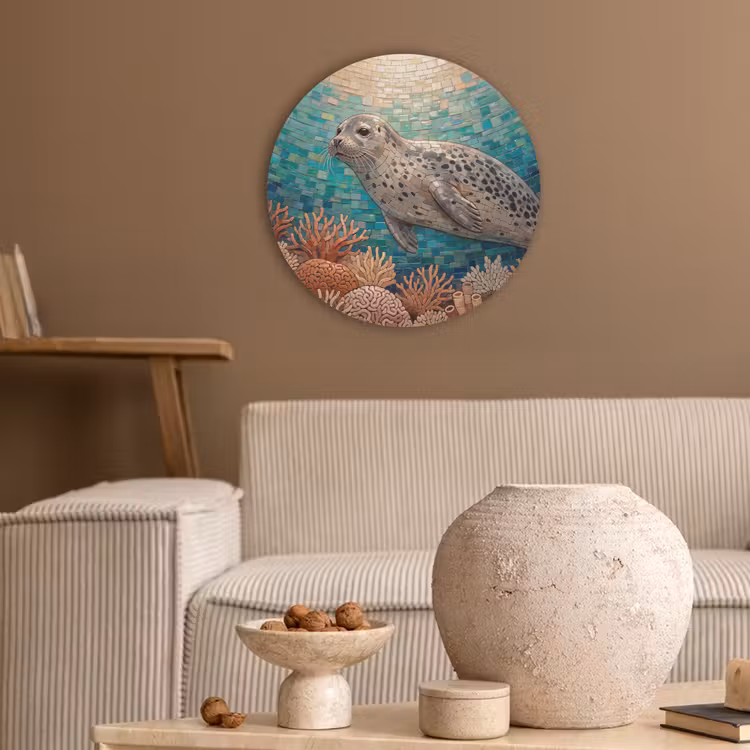 Zeehond - Mozaïek - Onderwater - Dieren - Blauw Akoestische PET Vilt - Rond klein -sfeer1