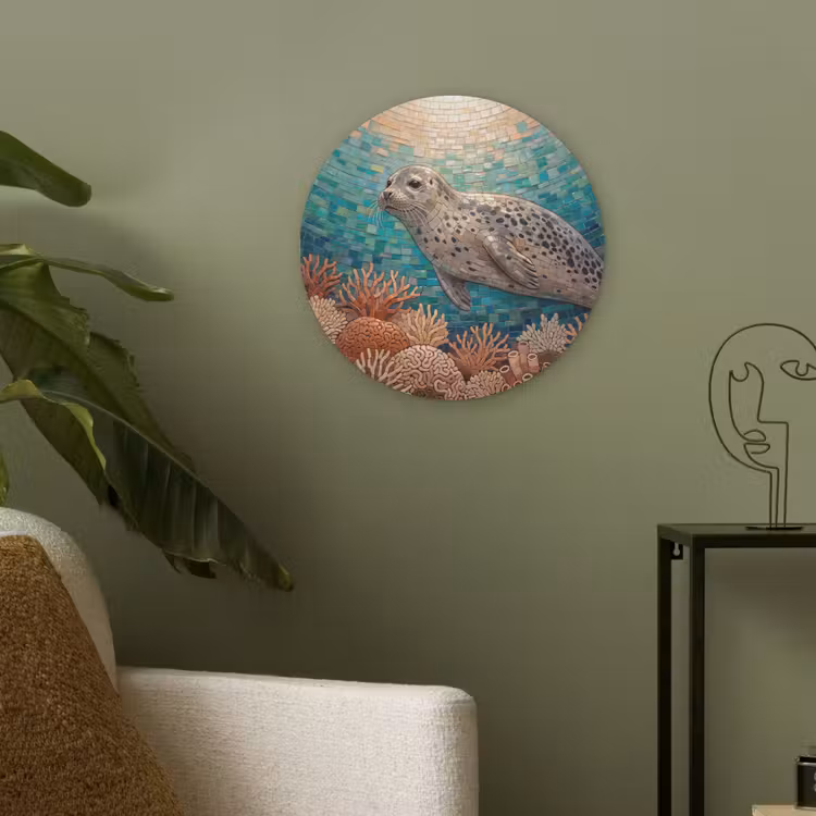 Zeehond - Mozaïek - Onderwater - Dieren - Blauw Akoestische PET Vilt - Rond klein -sfeer2