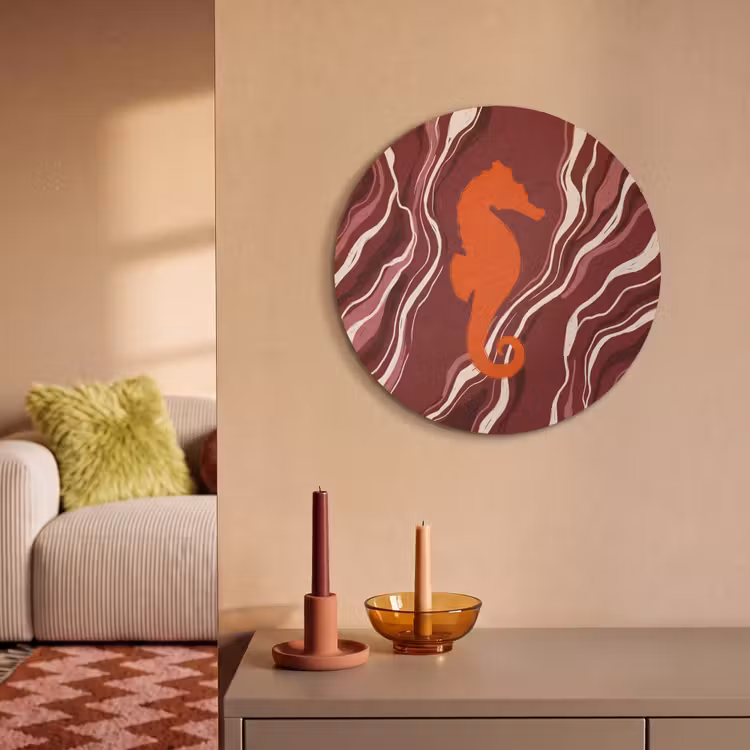 Zeepaardje - Golven - Zeeleven - Abstract - Oranje Akoestische PET Vilt - Rond klein -sfeer1