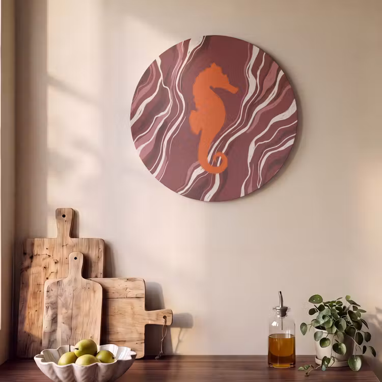 Zeepaardje - Golven - Zeeleven - Abstract - Oranje Akoestische PET Vilt - Rond klein -sfeer2
