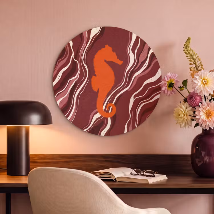 Zeepaardje - Golven - Zeeleven - Abstract - Oranje Akoestische PET Vilt - Rond klein -sfeer3