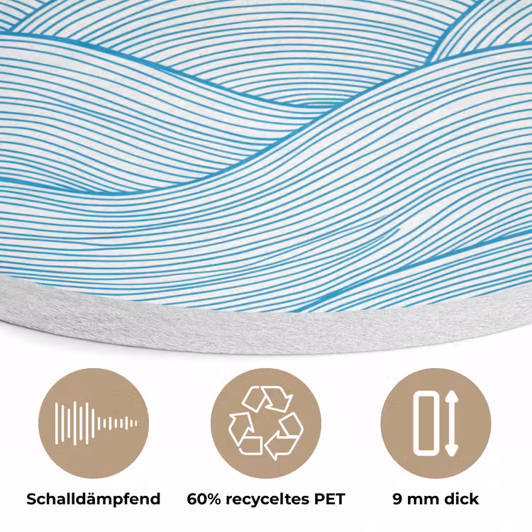 Zeilboot - Golven - Zee - Illustratie - Blauw Akoestische PET Vilt - Rond klein -closeup_DE