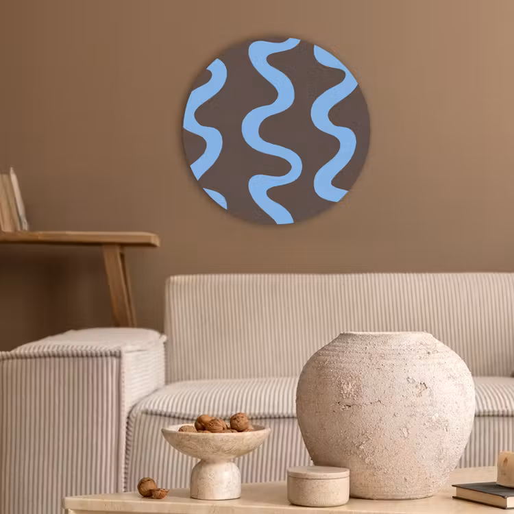 Kronkelende lijnen - Blauw - Bruin - Minimalistisch Akoestische PET Vilt - Rond klein 838 -sfeer1