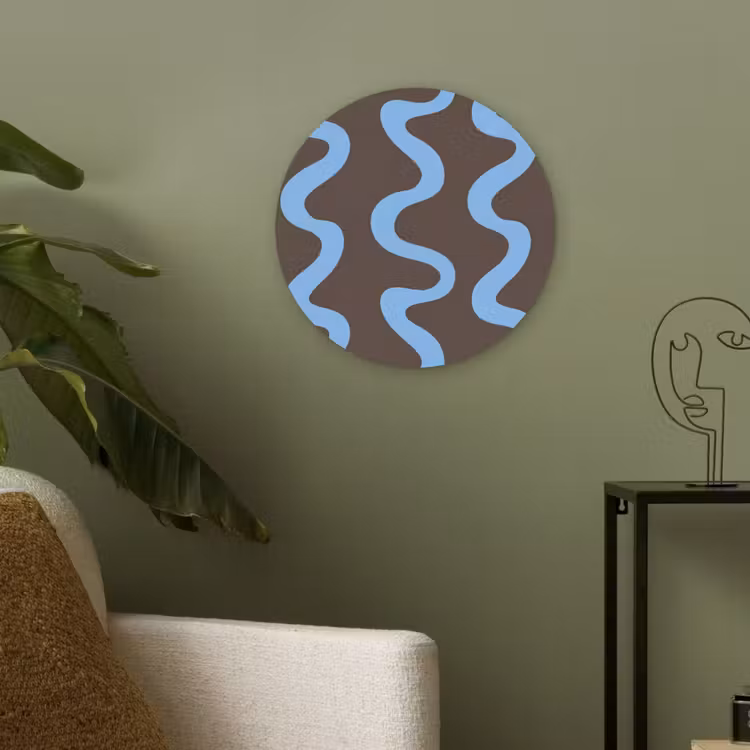 Kronkelende lijnen - Blauw - Bruin - Minimalistisch Akoestische PET Vilt - Rond klein 838 -sfeer2