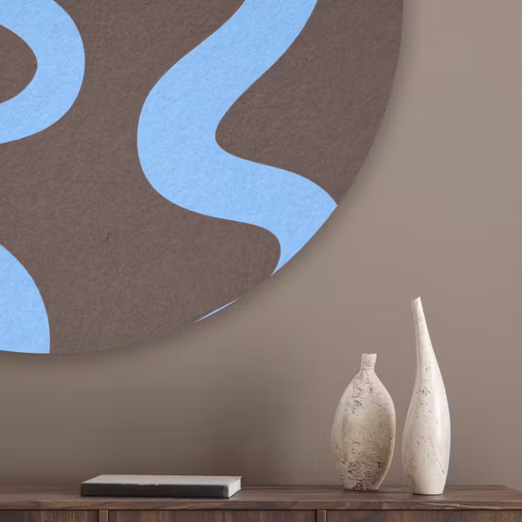 Kronkelende lijnen - Blauw - Bruin - Minimalistisch Akoestische PET Vilt - Rond klein 838 -sfeer5_closeup