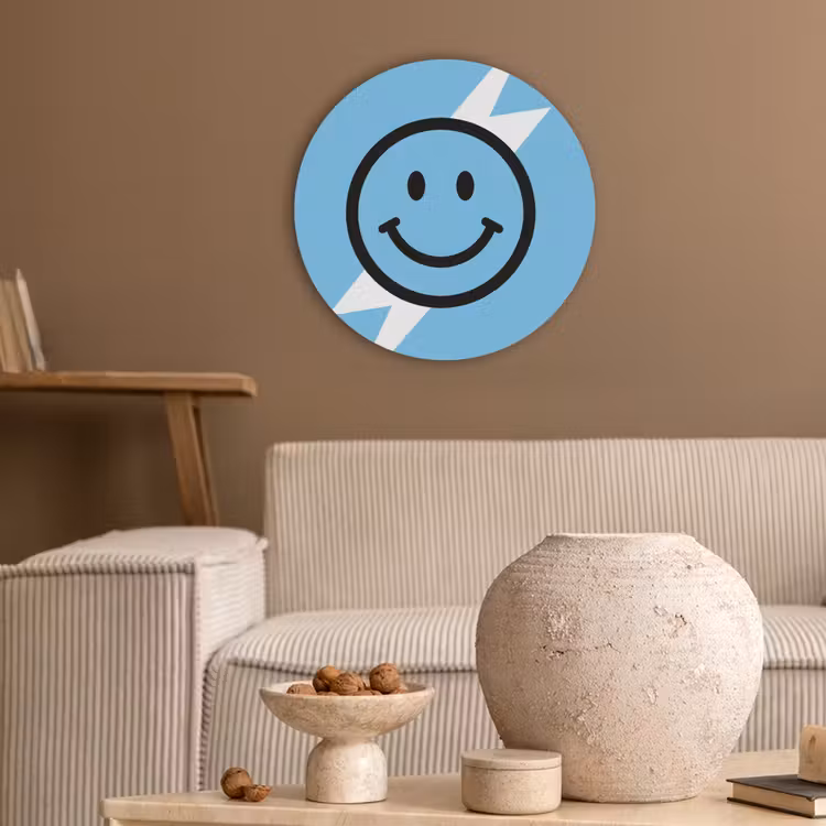 Smiley - Blauw - Bliksem Akoestische PET Vilt - Rond klein -sfeer1