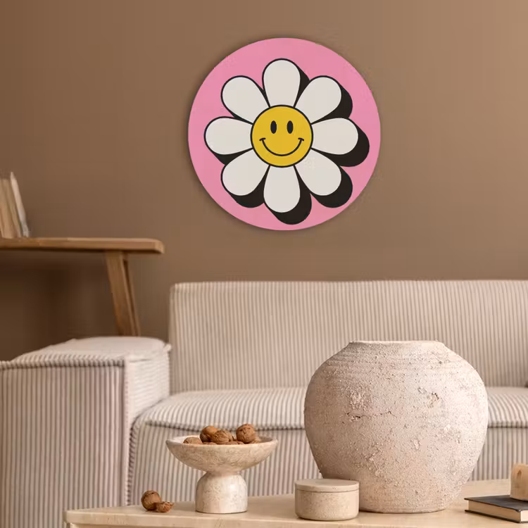 Smiley - Bloem - Roze Akoestische PET Vilt - Rond klein -sfeer1