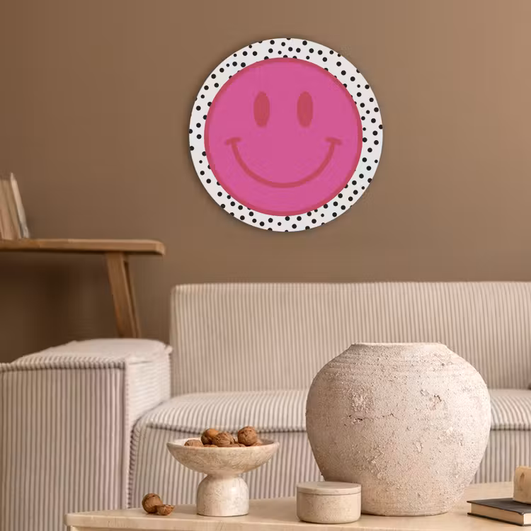 Smiley - Roze - Stippen Akoestische PET Vilt - Rond klein -sfeer1