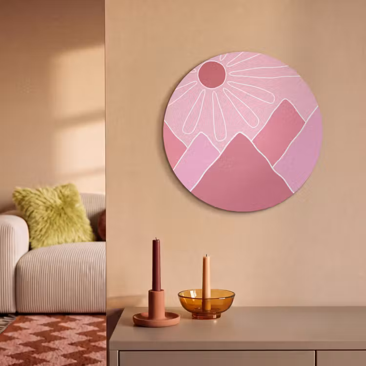 Zon - Bergen - Natuur - Abstract - Roze Akoestische PET Vilt - Rond klein -sfeer1