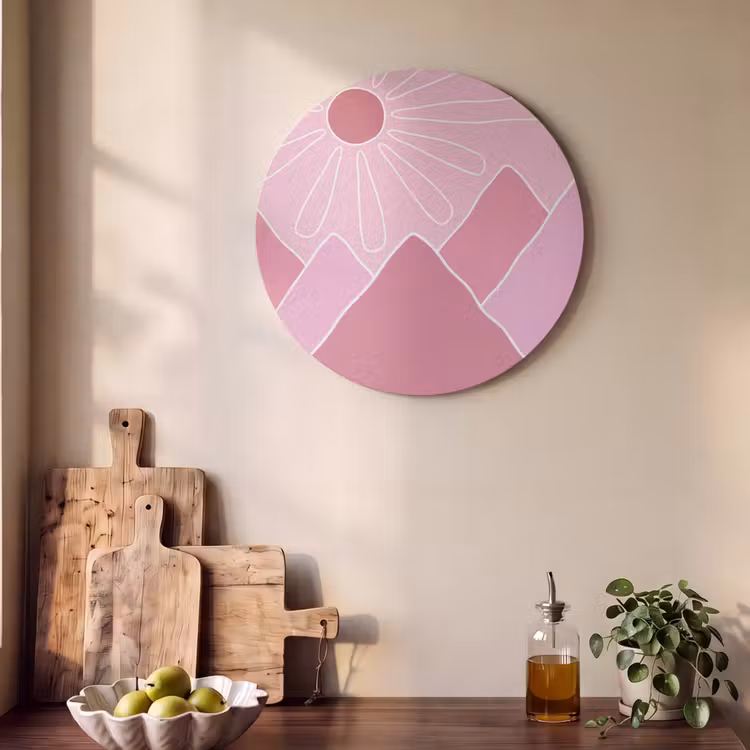 Zon - Bergen - Natuur - Abstract - Roze Akoestische PET Vilt - Rond klein -sfeer2