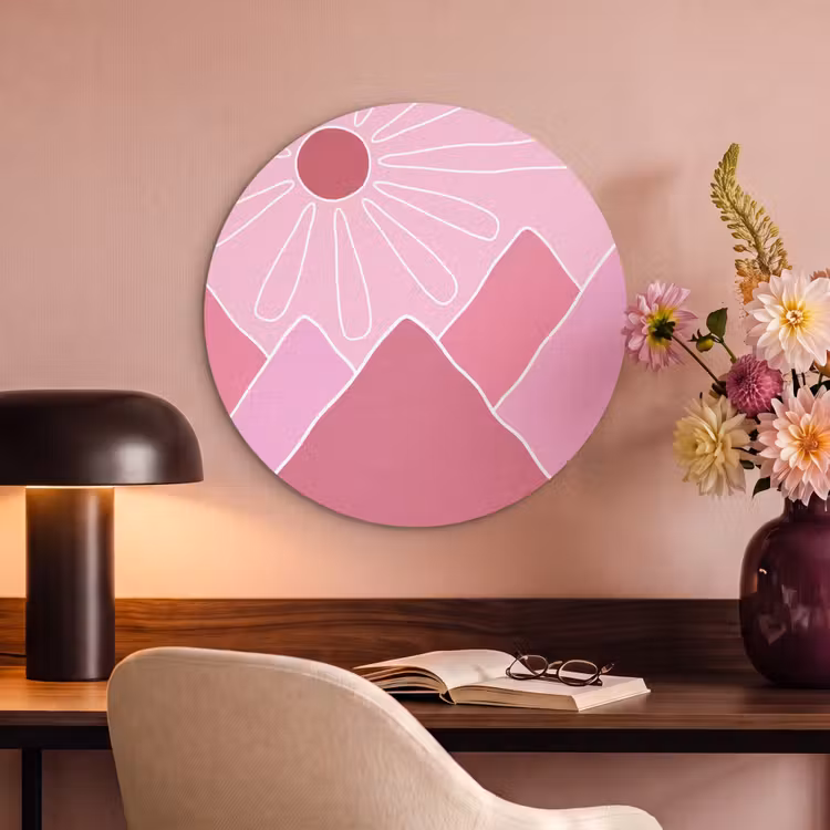 Zon - Bergen - Natuur - Abstract - Roze Akoestische PET Vilt - Rond klein -sfeer3