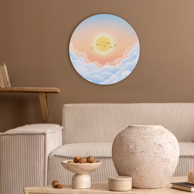 Zon - Vogels - Lucht - Natuur - Geel Akoestische PET Vilt - Rond klein -sfeer1