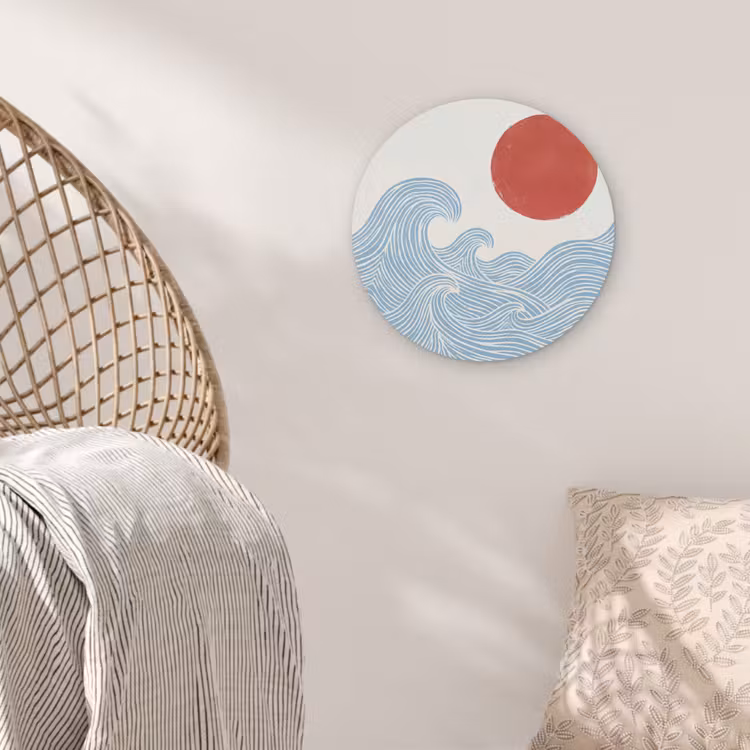 Zon - Golven - Oceaan - Abstract - Rood Akoestische PET Vilt - Rond klein -sfeer4