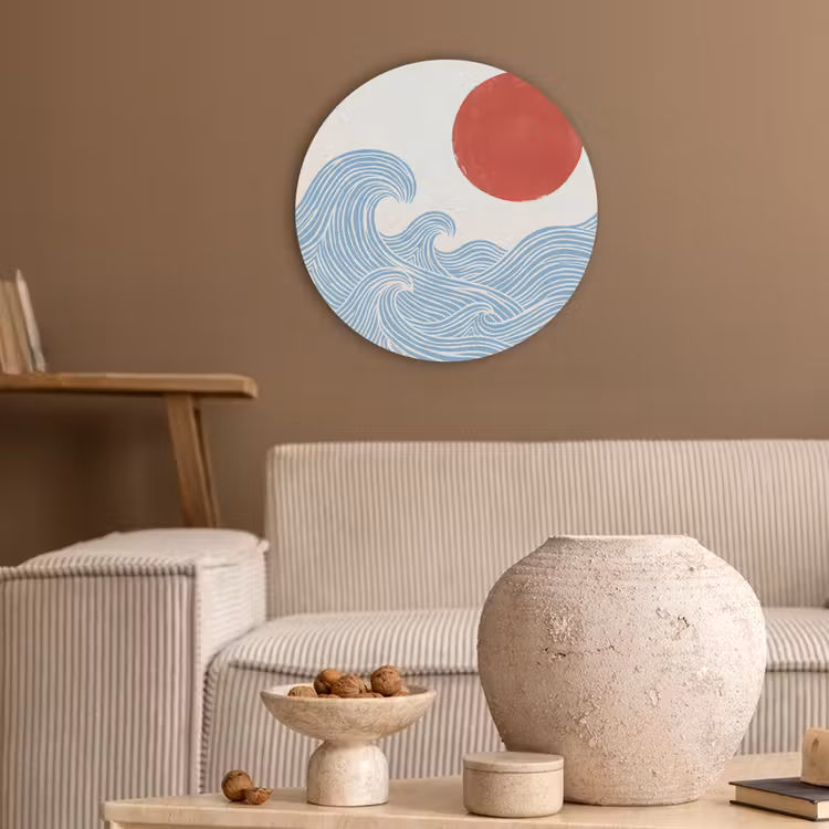 Zon - Golven - Oceaan - Abstract - Rood Akoestische PET Vilt - Rond klein -sfeer1