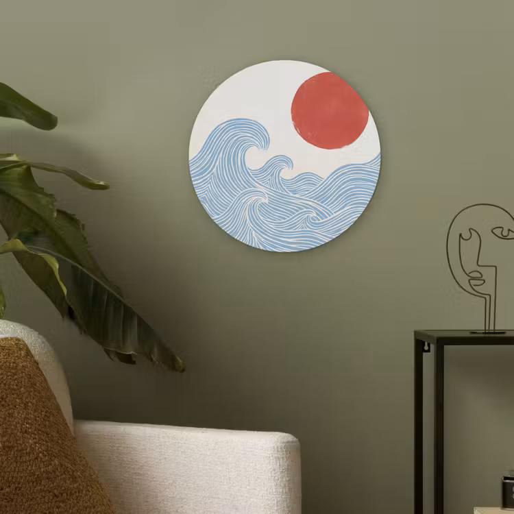 Zon - Golven - Oceaan - Abstract - Rood Akoestische PET Vilt - Rond klein -sfeer2