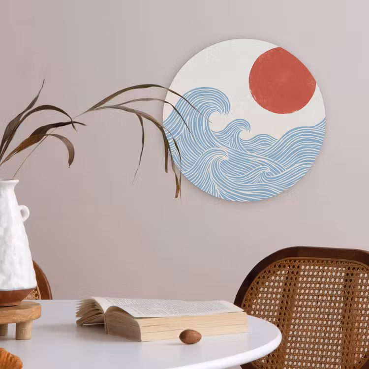 Zon - Golven - Oceaan - Abstract - Rood Akoestische PET Vilt - Rond klein -sfeer3