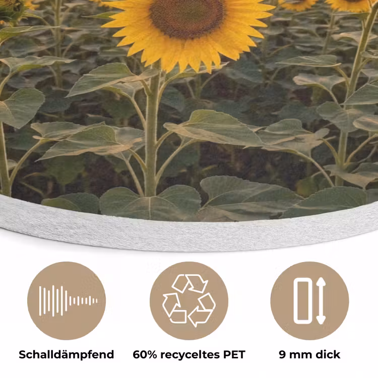 Zonnebloemen - Heuvellandschap - Geel Akoestische PET Vilt - Rond klein -closeup_DE
