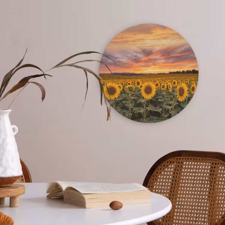 Zonnebloemen - Heuvellandschap - Geel Akoestische PET Vilt - Rond klein -sfeer3